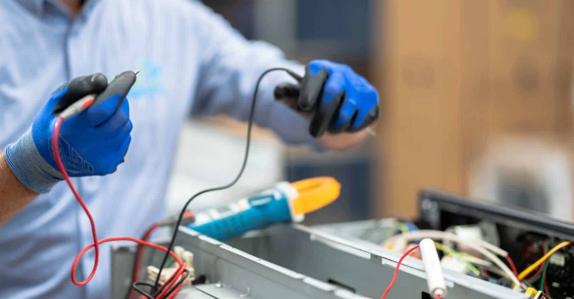 Elektrohersteller Marc Leyre voert een meting uit voor de diagnose van een defect huishoudtoestel in Gent. Witgoed herstelling Gent en Oost-Vlaanderen.