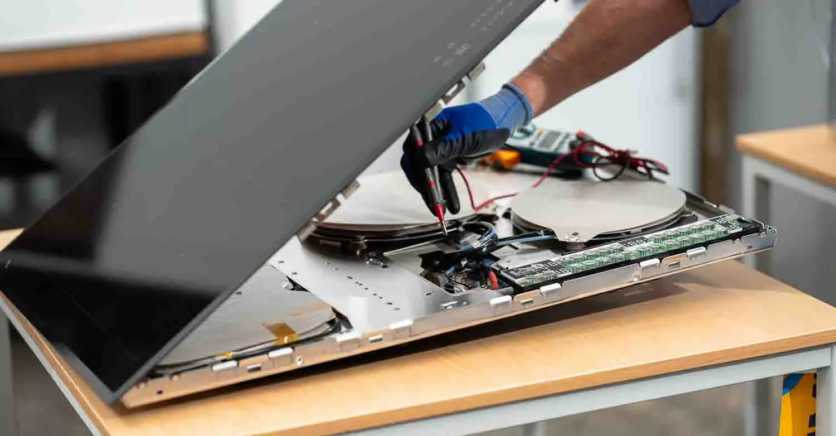 Marc Leyre van Dokter Elektro voert een vakkundige herstelling uit aan een inductiekookplaat.